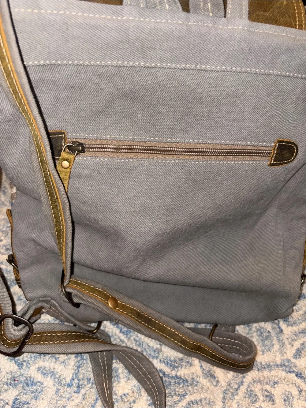 Myra Bag Canvas and Leather Backpack in Olive Green and Blue